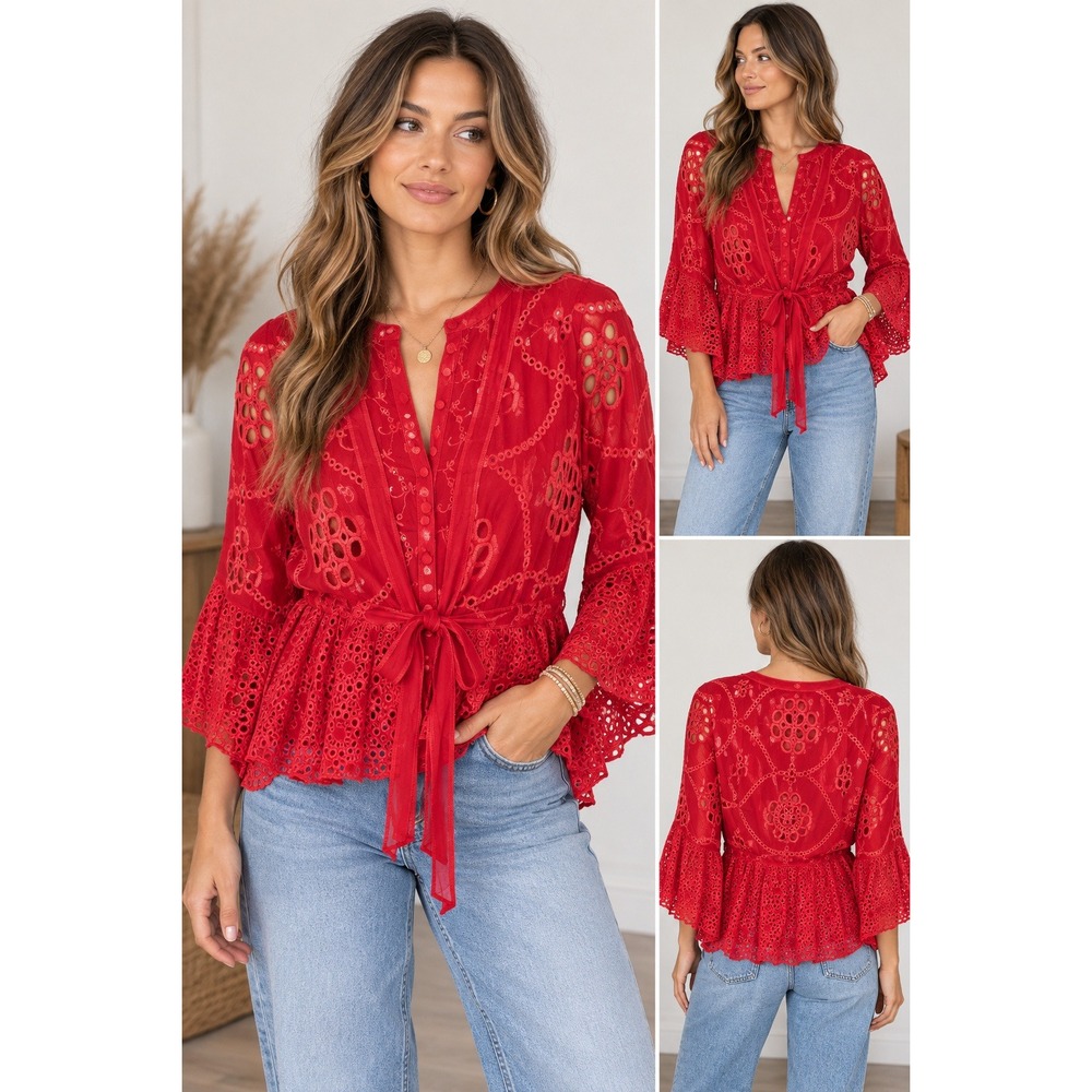 Johnny Was Dianne Blouse Womens M Red Embroidered Eyelet Bell Sleeve Cupra Rayon